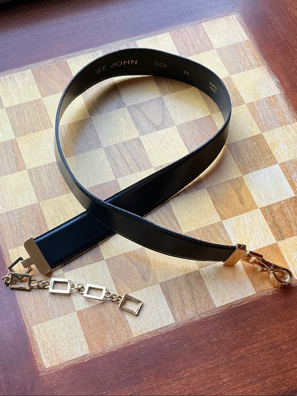 St. John 30” Navy Leather Belt with Gold Chain Detail